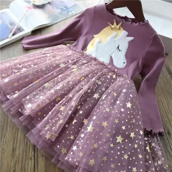 2024 Meitene Pavasara Un Rudens Unicorn Mesh Dress Bērnu Star Savienoti Princese Kleita Meitene Ilgi piedurknēm Mesh Dress 2-8Y