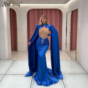 Dubai Musulmaņu Royal Blue Vakara Kleita Ar Elegantu Ilgi Cape Piedurknēm Zeltu, Kristāli, Roku Darbs Solījums Kleitas Oficiālu Gājienā Kleitas