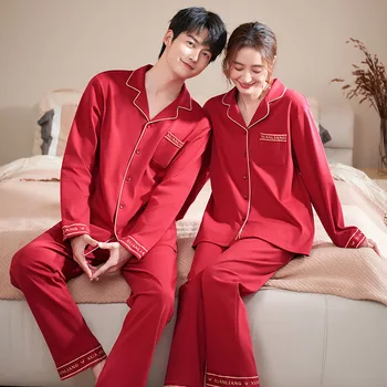 Rudenī Pāris Pidžamas Komplekts Pilnībā Mīksti Kokvilnas Sieviešu Pidžamas Vīriešu Garām Piedurknēm Homewear Mīļotājiem Nightgowns Kāzu Sarkanu Pidžamu Komplekts