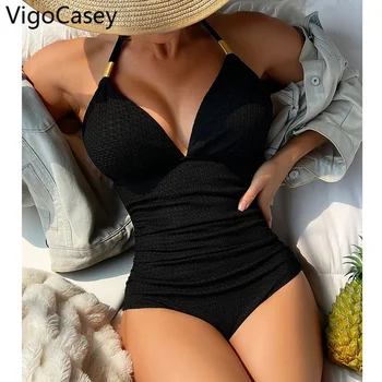 VigoCasey 2023 Cietā Pavada Peldkostīmi Sieviešu Sexy V Kakla Push UP viengabala Peldkostīmu, Monokini Backless Saistīts Vasaras peldkostīms