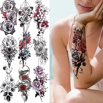 Melns Puķu Pūķis Pagaidu Tetovējums 3D Peonija Daisy Viltus Rozes Tetovējums Sievietēm Meitene Ģeometriskā Body Art Rokas Tetovējums, Uzlīmes Kāja