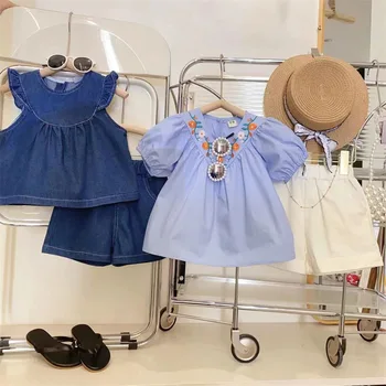 Divi Gabali Vasaras Meiteņu Drēbes 2023 Jaunu Bērnu Apģērbu, Džinsa Tērpi Meitenēm Bērniem Clothings Gadījuma Bērnu Rokdarbu Komplekts 0-8Y