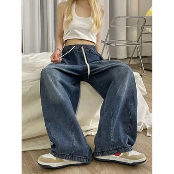 Zoki Vintage Baggy Plaša Kāju Džinsi Hip Hop Streetwear Augsta Vidukļa Džinsa Bikses Korejas Ins Jūra Aukliņu Gadījuma Taisnas Bikses