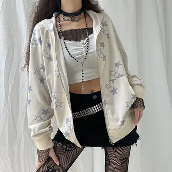 vintage Modes zvaigzne grafiskais pasaku grunge Vīrieši Sievietes garām piedurknēm Zip Jaka pelēkā vārna Lielajam Streetwear Y2K drēbes emo Pulovers