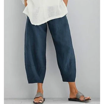Sieviešu Kokvilnas, Linu Bikses Vaļīgas Komfortu Elastīgs Viduklis Harēma Bikses Vintage Cietā Gadījuma Kabatas Plaša Kāju Bikses, Cropped Bikses