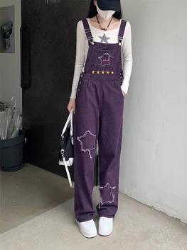 Modes Purpura Džinsa Bikses (Dungriņi) Sievietēm Gadījuma Zaudēt Taisni Strape Zeķu Bikses ar Augstu Vidukli Sieviešu Džinsa Jumpsuit