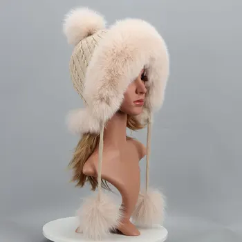 Dabīgās Kažokādas Cepure Ziemas Sieviešu Cepure Dabas Fox Kažokādas krievijas Ushanka Klp Biezs Silts Ausis Modes Bomber Klp Meitenes Kažokādas Cepuri Elastīgs