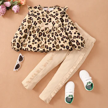 1-6Years Bērniem, Baby Meiteņu Drēbes, Uzstādīt Leopards Drukāt garām Piedurknēm Top Top + Bikses Rudens Modes Gadījuma Baby Girl Apģērbs Apģērbs