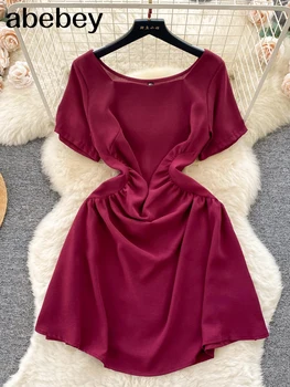 Vasaras Vintage Sieviešu Mini Kleitu, Elegantu Laukumā Apkakli, Īsām Piedurknēm, Augsta Vidukļa Sexy Vestidos Ikdienas Drēbes Sieviešu Jaunās Modes 1