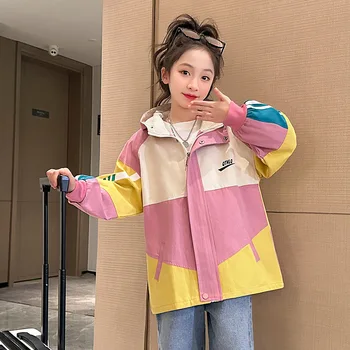 Pavasarī Īsi Uzrakt Mētelis, lai Meitene korejiešu Vidū-garums Patchwark Dizaina Jaka Bērnu Drēbes, lai Tīņi, Streetwear Kapuci Top 4-14 Gadiem 1