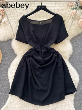 Vasaras Vintage Sieviešu Mini Kleitu, Elegantu Laukumā Apkakli, Īsām Piedurknēm, Augsta Vidukļa Sexy Vestidos Ikdienas Drēbes Sieviešu Jaunās Modes 2