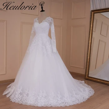 HEULORIA Vintage kāzu kleita ar garām piedurknēm, V veida kakla līgava kleita, mežģīņu aplikācijas mežģīnes up līgavas kleita plus lieluma vestido De Noiva 3
