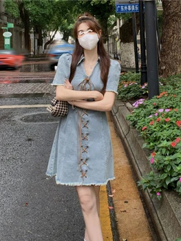Džinsa Kleita Sievietēm Vasarā V-veida kakla Pārsējs projektu Konkursu-line Preppy Style korejiešu Versija Modes Baggy Meitenes Gadījuma jaunais Šiks 4