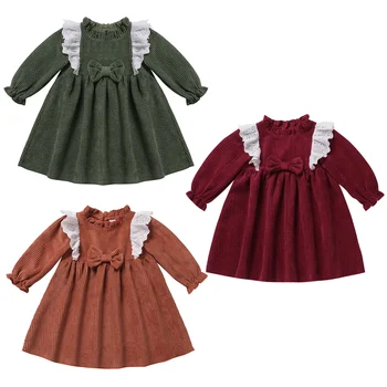 0-3T Baby Girl Dress Toddler Bērniem Meitene Kleitas ar garām Piedurknēm Vintage Velveta Kleitu Loku Princese Rudens Ziemas Meitene Puse Drēbes 5