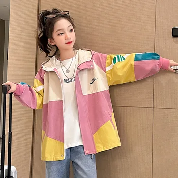 Pavasarī Īsi Uzrakt Mētelis, lai Meitene korejiešu Vidū-garums Patchwark Dizaina Jaka Bērnu Drēbes, lai Tīņi, Streetwear Kapuci Top 4-14 Gadiem 5
