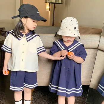 Meitenes Navy Uzvalks 2023 Vasarā Jaunu korejiešu Lielu Atloks Krekls ar Vaļēju Gadījuma Šorti divdaļīga vai Kleitas Toddler Meitene Apģērbs