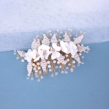 Luksusa Modes Ziedu Kāzas, Roku Darbs Pērle Fāzēm Kristāla Headpiece Līgava Matu Ķemmes 0