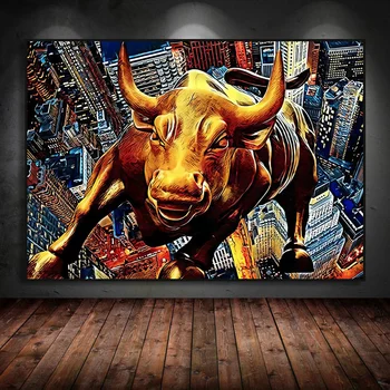 Ņujorkas Orientieris Uzlādes Wall Street Bull Eļļas Gleznu Plakātu Mūsdienu Audekla Sienas Māksla Attēlu, viesistaba, Mājas Apdare