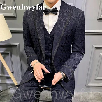 Gwenhwyfar 2021. gada Rudenī Jauns Tumši Zils Žakarda Skaists Vīriešu Līgavainis 3-gabals Tērps Atbilstu Biznesa Uzvalku (žakete, veste un bikses)
