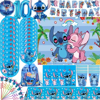 Jaunu Disney Stitch Dzimšanas Dienas Svinības Rotājumi Lilo Dūriens Zila Papīra Cup Plate Autiņu Fona Baloni, Bērnu Dušas Piederumi Bērniem 0