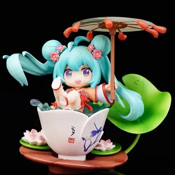 10cm Q Versija Hatsune Miku Lotosa Dīķis - Tējas Tasi un Lotus Leaf Jumta Miniatūru Komplekts Burvīgs Miku Skatuves Displejs Anime Rotaļlietas