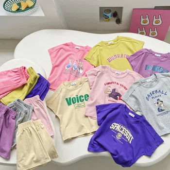 Bērnu Kokvilnas Iespiests Burts Sporta Uzstādīt Bērnu Ikdienas Sporta T-krekls + Šorti Apģērbu Komplekti Toddler Unisex Brīvā laika Bikses, Komplekti