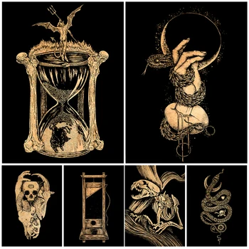 Ragana Roku,Melna Čūska Un Pusmēness Vintage Sienas Mākslas Audekls Gleznošanai Velns smilšu pulkstenis Un Nāves Soda Plakātu Drukas Dekori