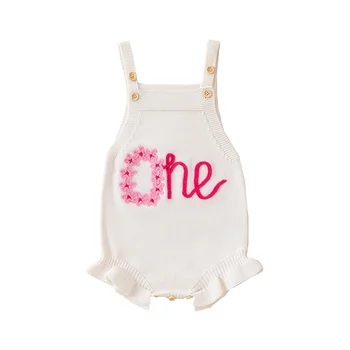 Baby Girl Dzimšanas Dienas Apģērbs Ir Viens Romper Bez Piedurknēm Jumpsuit Ziedu Izšuvumi Kopumā Jaundzimušo Kūka Sagraut Drēbes