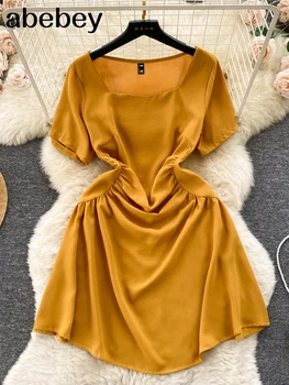 Vasaras Vintage Sieviešu Mini Kleitu, Elegantu Laukumā Apkakli, Īsām Piedurknēm, Augsta Vidukļa Sexy Vestidos Ikdienas Drēbes Sieviešu Jaunās Modes