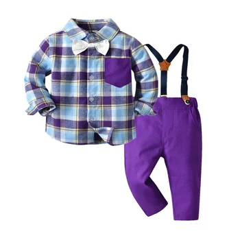 Rudens Džentlmenis Jaunu Uzvalku ar garām Piedurknēm Violeta Pārbaudes, Krekla, Zeķu Bikses divdaļīga Bērnu Apģērbs 0