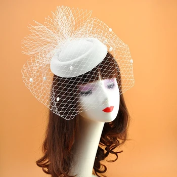 Sieviešu Fascinator Cepures 20s 50s Vintage tīrtoņa Krāsu Filca Pillbox Maza Polka Dot Acs Plīvuru Kāzu Tēja Puse Cepures D5QB 0