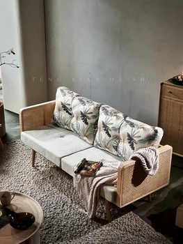Japāņu stila masīvkoka rotangpalmas dīvāns B&B viesistaba triple double modelis telpā, radošās mēbeles