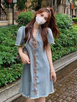 Džinsa Kleita Sievietēm Vasarā V-veida kakla Pārsējs projektu Konkursu-line Preppy Style korejiešu Versija Modes Baggy Meitenes Gadījuma jaunais Šiks 0