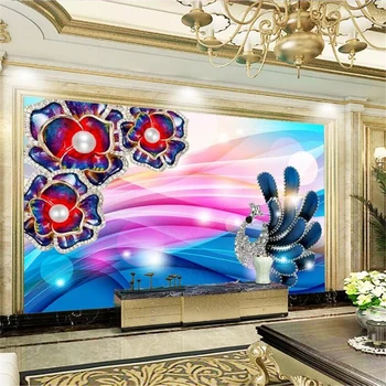 Beibehang Custom tapetes, 3d gleznojumi ar dimantiem peoniju ziedi, skaists krāsains pāvs rotaslietas TV fona tapešu