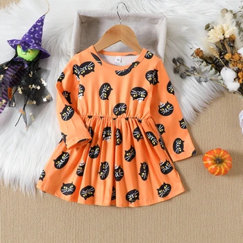 Baby Meitenes Halloween-line Kleitas Oranžā krāsā ar garām Piedurknēm vienkrāsainu Kaķis Drukāt Kroku Kleitas Kritums Apģērbu Tērpiem Ikdienas Valkāšanai
