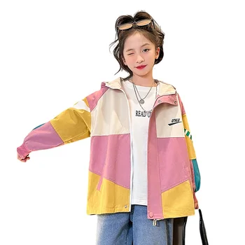 Pavasarī Īsi Uzrakt Mētelis, lai Meitene korejiešu Vidū-garums Patchwark Dizaina Jaka Bērnu Drēbes, lai Tīņi, Streetwear Kapuci Top 4-14 Gadiem 0