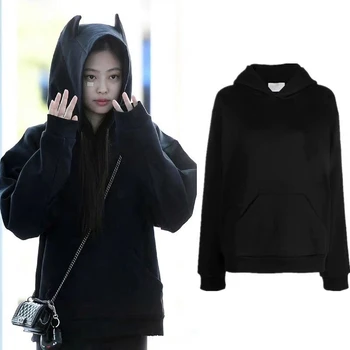 Rudens Jennie Modes Apģērbu Lielajam Hoodies Sievietēm Black Gadījuma Brīvs Krekls Kpop Drēbes Ar Garām Piedurknēm