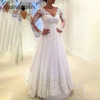 HEULORIA Vintage kāzu kleita ar garām piedurknēm, V veida kakla līgava kleita, mežģīņu aplikācijas mežģīnes up līgavas kleita plus lieluma vestido De Noiva 0