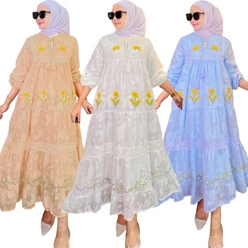 Modes Sievietes Musulmaņu Šifona Izšuvumi Abayas Maxi Kleita Dubajas Arābu Puses Longue Kleita Kaftan Femme Vestidos Marokas Jalabiya