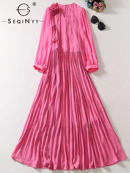 SEQINYY Purpura Sarkana Kleita Kroku Pavasara Vasaras Jaunā Modes Dizaina Sievietes Skrejceļa Appliques Ziedu Frēzēšana Gadījuma Elegants