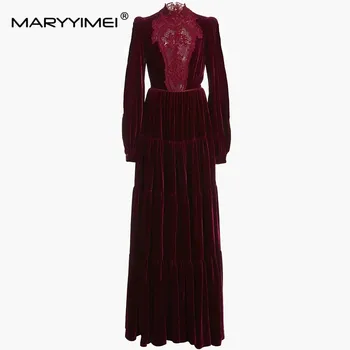 MARYYIMEI Modes Rudens Ziemas Sieviešu kleita Garš Mežģīņu piedurknēm Tukšums, izšuvumi Jostas Vintage samta Kleitas