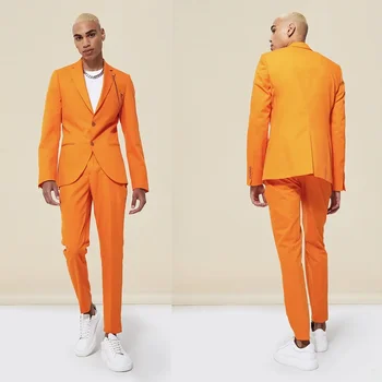 Orange 2 Gabali Oficiālu Vīriešu Uzvalki Līgavainis Tuxedos Atloks, Mūsdienu Modes Vīriešu Mētelis un Elsas Pasūtījuma Puse, Augstas Kvalitātes Uzvalks