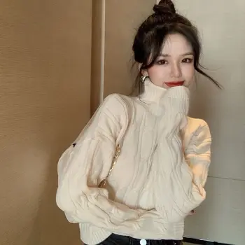 Augsto Kaklu Svītraina Vienkārši Korejas Adīt Džemperis 2023 Rudens Ziemas Sievietes Silts Džemperis Gadījuma Zaudēt Modes Elegants Džemperis Džemperis