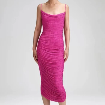 Roze Sarkanā Krāsā Bez Piedurknēm Dimantu Bodycon Kleitas 2023 Vasaras Augstākās Kvalitātes Jaunākās Puse Sieviešu Apģērbs