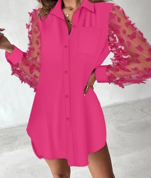 Sieviešu Tops ar Piedurknēm Modes 2024. Gadam Pavasara Tauriņš Modelis Milzīgais Acu Plāksteris Gadījuma Savukārt-Apkakle Mini Krekls, Kleita Sieviete