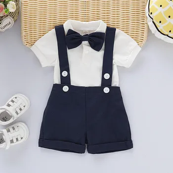 Bērniem Zēni Baby Toddler Kokvilnas Tīrtoņa Krāsu Bowtie Vasaras Īsām Piedurknēm Top Zeķturi Šorti 3-Gabalu Komplekti, Ikdienas Drēbes Uzvalku Jaunu 0