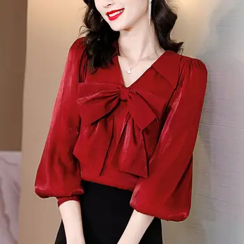 Elegants Modes Loku Laternu Krekls Ar Garām Piedurknēm Sieviete, Apģērbu 2022. Gada Pavasarī Jaunu Biroju Dāma V-Veida Kakla Zaudēt Lielgabarīta Piepilsētas Blūze