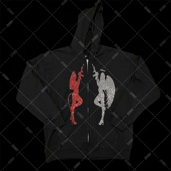 Y2K Dēmons Rhinestone grafikas zip Kapuci sporta Krekls Vīriešiem hoodies Harajuku Goth Lielgabarīta Vīriešiem un Sievietēm pelēkā vārna