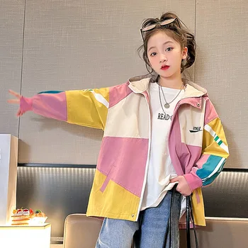 Pavasarī Īsi Uzrakt Mētelis, lai Meitene korejiešu Vidū-garums Patchwark Dizaina Jaka Bērnu Drēbes, lai Tīņi, Streetwear Kapuci Top 4-14 Gadiem 2