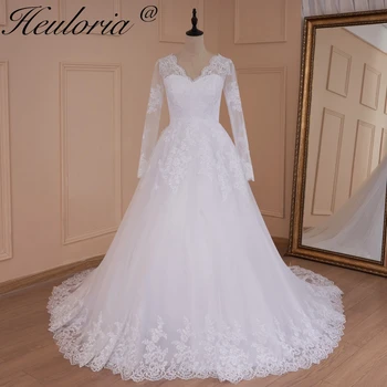 HEULORIA Vintage kāzu kleita ar garām piedurknēm, V veida kakla līgava kleita, mežģīņu aplikācijas mežģīnes up līgavas kleita plus lieluma vestido De Noiva 2